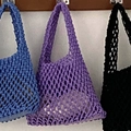 Handmade woven cotton tote bags in blue, purple, and black hanging on wooden hooks - Purple (with inner bag)