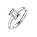 Close-up of emerald cut moissanite stone and silver six-prong setting on adjustable ring - Adjustable Open / Emerald Cut Style (R11569-6.5mm/1 Carat)