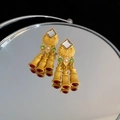 Vintage style gold earrings with square gems, pearls and red teardrop pendants - Mirror Reflective Red Green Gemstone Pearl