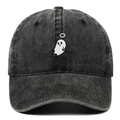 Vintage washed cotton baseball cap featuring unique ghost embroidery on the front - Adjustable / Black