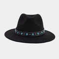Detail of black felt fedora hat featuring ethnic turquoise gems and silver studs on band - Style 3-Black Leather Rivet Turquoise Blue Stone Decoration
