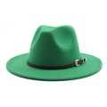 Detail of green wool jazz hat with black leather band and silver ethnic buckle decoration - M (56-58cm) / Grass Green