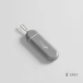 Grey capsule-shaped portable pill organizer with white lanyard and storage box text - U222 Black Capsule Style