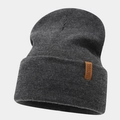 Thick dark grey knitted beanie with brown leather IACUGGL label and folded cuff - Dark Heather Grey