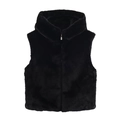 Women's black faux fur hooded vest with zipper closure shown in a flat lay view - XS / Black