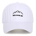 White washed baseball cap with Nelson BC mountain embroidery and breathable holes - White