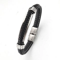 Men's braided black leather bracelet with silver stainless steel clasp and white stitching - Black