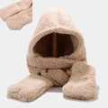 Plush beige 3-in-1 bear ear hood scarf and gloves set for women winter warmth - M (56-58cm) / Plain With Pockets Khaki