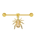 Golden stainless steel industrial barbell with pink zircon spider pendant jewelry - Gold/Spider/Pink Zircon