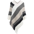 Women's V-neck knit poncho cape with diagonal stripes and tassels in a neutral color palette - Tops / White