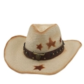 Detailed view of western straw hat featuring a metal bull head icon and star patterns - One Size (Gradient Star) / Beige with Windproof Rope (Bronze Bull)