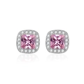 Elegant silver pink square halo stud earrings with micro-pave crystals on white background - 925 Silver / Pink Zirconia Stud Earrings