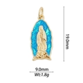 Detail of 18k gold plated Virgin of Guadalupe pendant with blue glitter inlay and dimensions - DZ-936/Small Blue Glitter Our Lady of Guadalupe