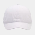 Detail of a white six-panel baseball cap showing stitching and breathable eyelets - Adjustable / White