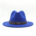 Detail of royal blue fedora hat with brown leather band and silver metal rivets - Blue