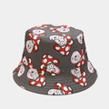 Close-up of grey bucket hat featuring cute cartoon mushroom patterns and textile texture - M (56-58cm) / Gray