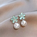 Elegant S925 silver earrings with green cat-eye flower petals and drop pearl accents - Blue Petal Pearl Earrings - A1831 Silver