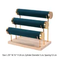 Three-tier green velvet jewelry display stand with gold metal frame and wooden base - Triple Layer Gold Bangle Stand-Dark Green Velvet