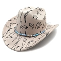 Beige cowboy fedora hat with black bird prints and bohemian beaded ethnic band - Flat Top Beige (Seagull Print)