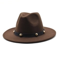 Detailed macro view of dark brown wool fedora hat with gold studded hatband trim - Size M (56-58cm) / Dark Coffee