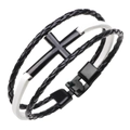 Bracciale in pelle intrecciata con cordini bianchi e neri e croce in metallo nero - Bianco