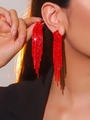 Elegant long red rhinestone tassel earrings for women featuring sparkling crystal drop design - Large Red Long Sparkling Earrings