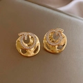 Golden round hammered metal stud earrings with sparkling crystals on textured background - 59# Hammered Rhinestone Hoop (59# S925 Post-Gold)