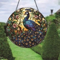 Colorful peacock suncatcher wall hanging decoration with vibrant stained glass effect - Peacock