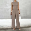 Taupe sleeveless wide-leg jumpsuit with elastic waist in soft knit fabric for women - S / Brown