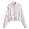 Detail view of light grey zip-up sweatshirt with stand collar and ribbed cotton cuffs - S / White Hoodie