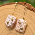 Baroque natural pearl drop earrings with pink-purple stones and gold flower details - Pink Square Pearl Drop Earrings