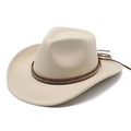 Beige felt cowboy hat with gold studs, rhinestones and leather fringe belt for unisex - Beige