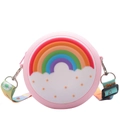 Cute pink silicone round crossbody bag for kids featuring rainbow and white cloud patterns - Pink Rainbow