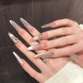 Luxurious long pointed cat eye press-on nails with rhinestones and silver chains - Extra Small (XS) / 389-Long Stiletto