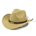 Classic beige western cowboy felt hat with dark brown band and metal buckle detailing - One Size 58cm / Leaf Belt / Beige