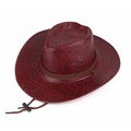 Detail of dark red faux leather cowboy hat with embossed leaf texture and eyelets - Red Brown