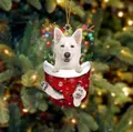 Christbaumschmuck mit weißem Schäferhundwelpen in einer festlichen roten Socke - Weißer Schäferhund