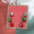 Three-tier Christmas bell earrings in red green and silver on festive display card - Tri-Color Cascading Long Bells (11377)