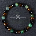 Pulsera de la riqueza con ojo de tigre y turquesa con cuentas de piedra natural - Estilo Obsidiana Ámbar Ágata Manchada (Wealth-9)