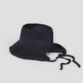 Detailed view of black crochet knit sun hat featuring a wide wavy brim and long tie - M (56-58cm) / Black