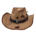 Ethnic western cowboy straw hat with star pattern and metal bull head ornament - One Size (Gradient Star) / Camel with Wind Rope (Colorful Bull)
