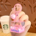 Pink lucky cat acrylic liquid keychain with floating glitters and heart bell charm - Luminous Lucky Cat-Pink