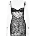 Slim fit black lace slip dress featuring floral mesh texture and delicate straps - M / Black