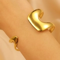 Minimalist gold open cuff bracelet with sleek irregular streamlined design for women - Double Layer Streamline Lines (6004)