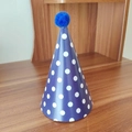 Mini birthday party hat in dark purple with white dots and a blue fluffy pom-pom - Blue Polka Dot Pom-pom Hat