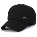 Men's winter baseball cap in black wool felt with ear flaps and silver metal logo - Adjustable / Black With F-Logo