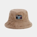 Close-up of fluffy light brown bucket hat with a cute camera heart embroidery patch - M (56-58cm) / Khaki
