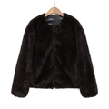 Chaqueta bomber de piel sintética marrón oscuro para mujer con cremallera y cuello redondo - XS / Tops / Marrón Oscuro
