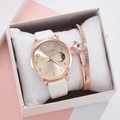 Detail of rose gold moon and star quartz watch set with matching stellar crystal bracelet - Watch + Bracelet + Box / White
