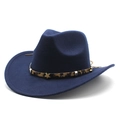 Detail of navy wool cowboy hat featuring a leopard print belt and golden star buckle - M (56-58cm) / Navy Blue